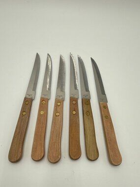 Set Of 6 Delco 38 Serrated Stainless Steel Knives Wooden Handles  Steak Dining